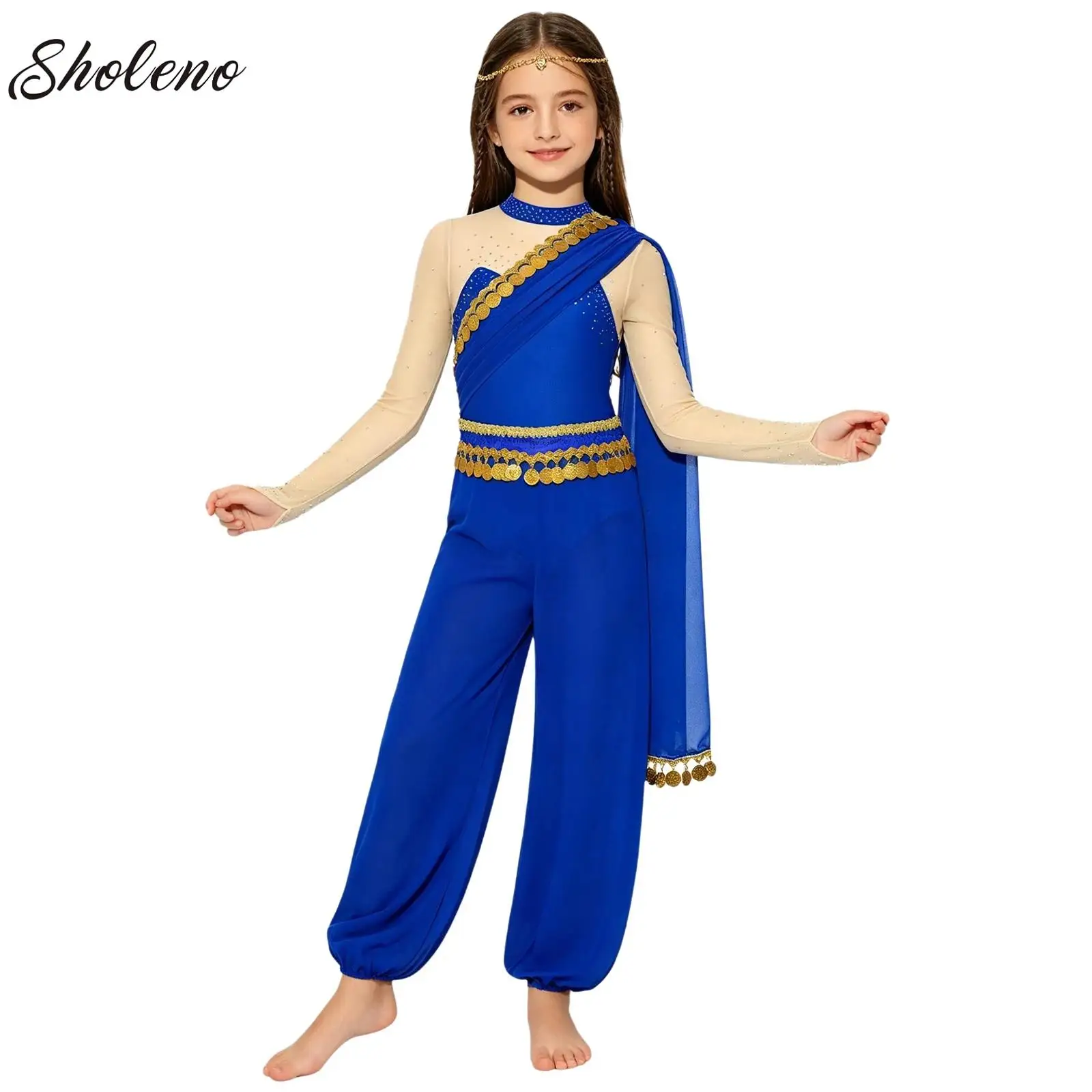 Shiny Sequin Girls Halloween Arab Princess Costume Big Girls Arabian Princess Fancy Jumpsuit Belly Dance Performance Bodysuit
