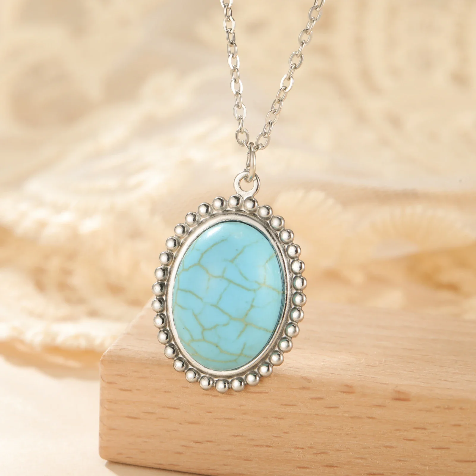 Skyrim Luxury Oval Turquoise Pendant Necklace Women Stainless Steel Neck Chains Choker Blue Stone Jewelry Valentine's Day Gift