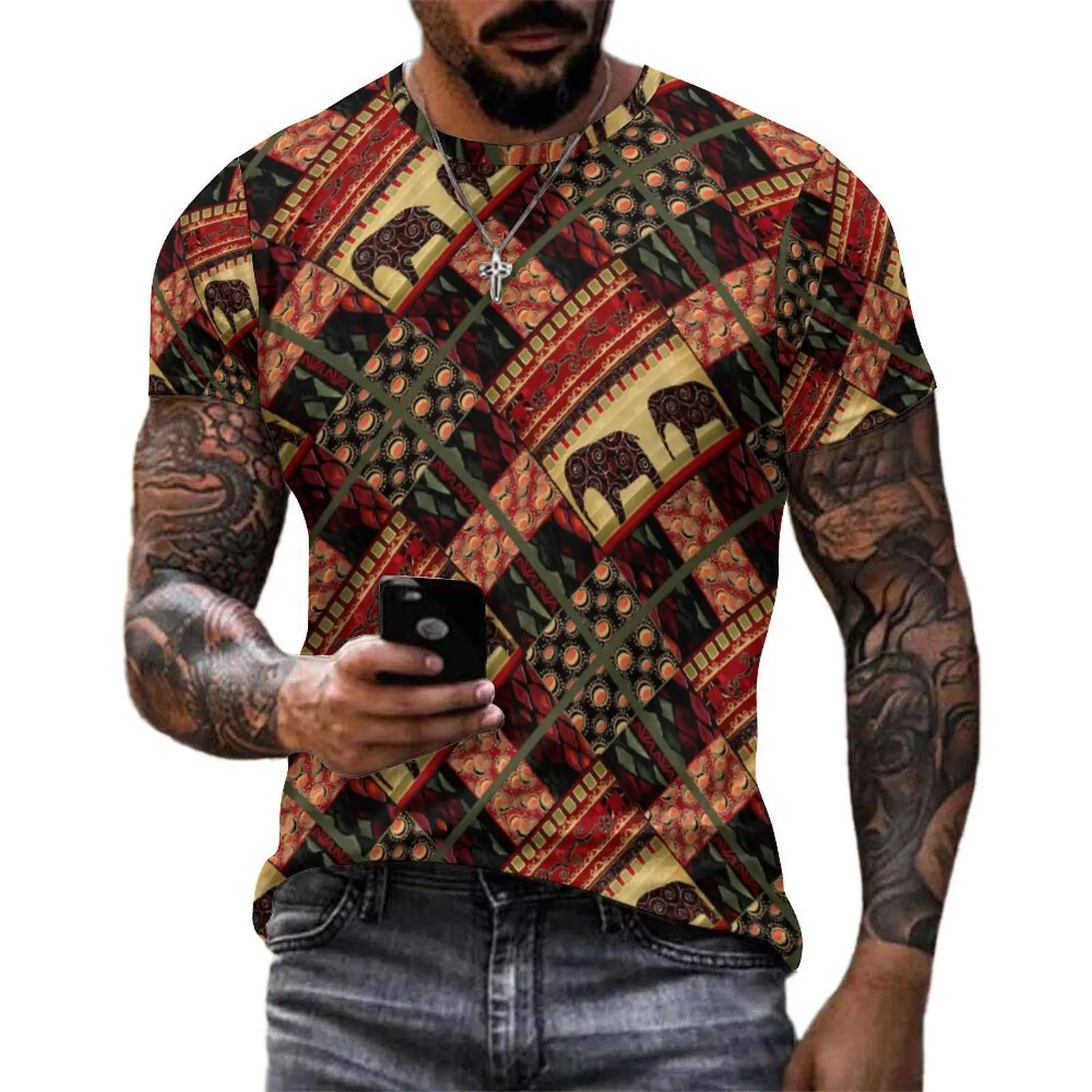 Vintage Elephant T Shirt African Patchwork Fashion T Shirts Short-Sleeved Graphic Tops Summer Streetwear Oversized Clothes