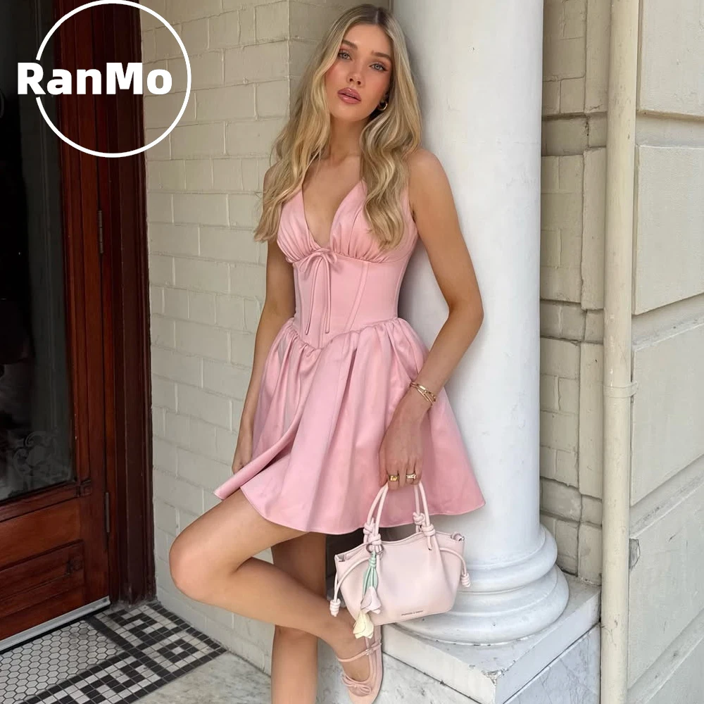 

Розовое короткое атласное платье Ranmo для выпускного вечера 2026 года, женское коктейльное платье без рукавов с плиссировкой и бретелью через шею, сексуальное мини-платье на день рождения, на заказ