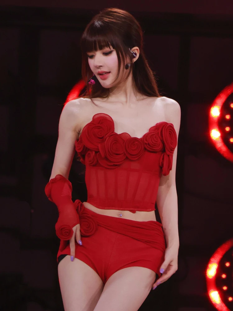 Zhaolu Si Concert Performance Suit Red 3D Flower Mesh Tube Top Sexy Girl Set Stage Performance Costume Female Group Outfit