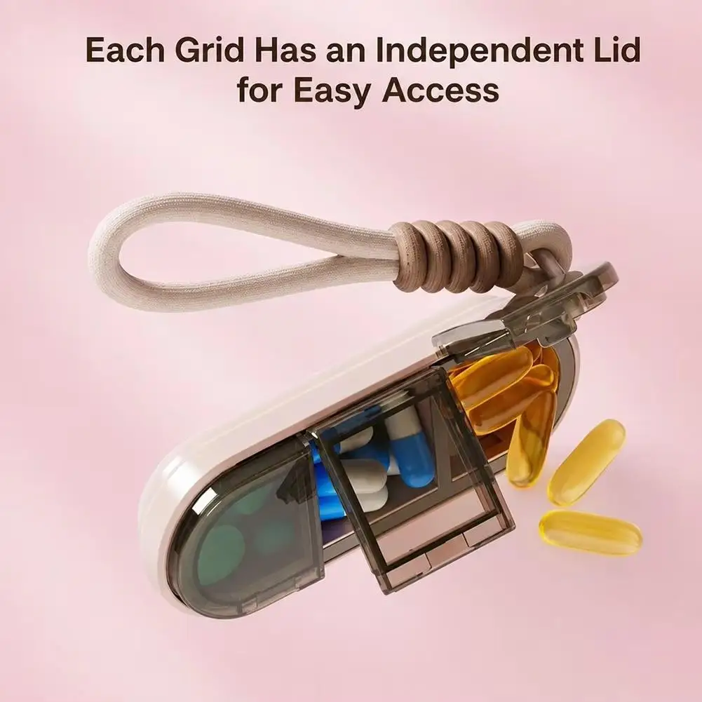 Portable lanyard-style three-compartment pill box, with silicone seal, waterproof and moisture-proof; separate compartments