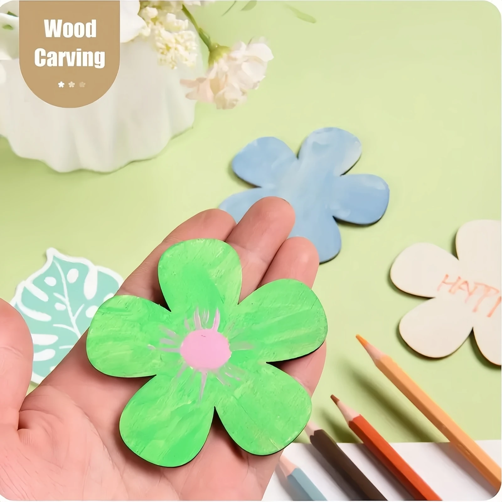 10Pcs Unfinished Wooden Flowers Cut Wooden Disc Handicrafts Blank Flower Shape Wood Ornaments Artistic Creation Flowers