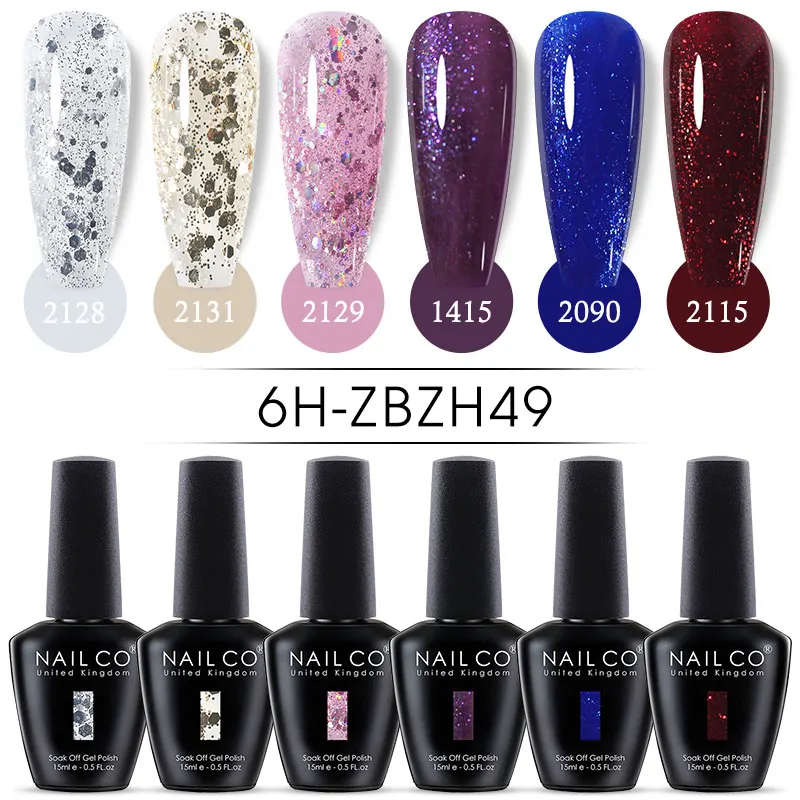 ชุดยาทาเล็บ NAILCO 6 สี ซีรีส์สีเขียวกลิตเตอร์ เจลกึ่งถาวร แบบไฮบริด ชุดทำเล็บแบบแช่ล้างออกได้ ใช้กับหลอดไฟยูวีและแอลอีดี สำหรับตกแต่งเล็บ พร้อมเบสโค้ทและท็อปโค้ท