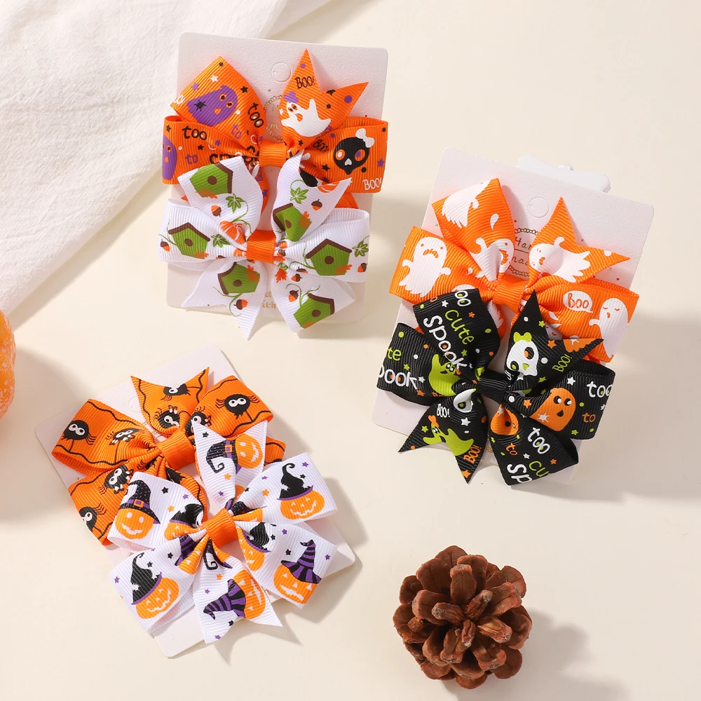 2 Teile/satz Halloween Haar Bögen Haar Clip Mädchen Baby Druck Kürbis Geist Bowknot Haarnadel Headwear Toddle Kinder Haar Zubehör