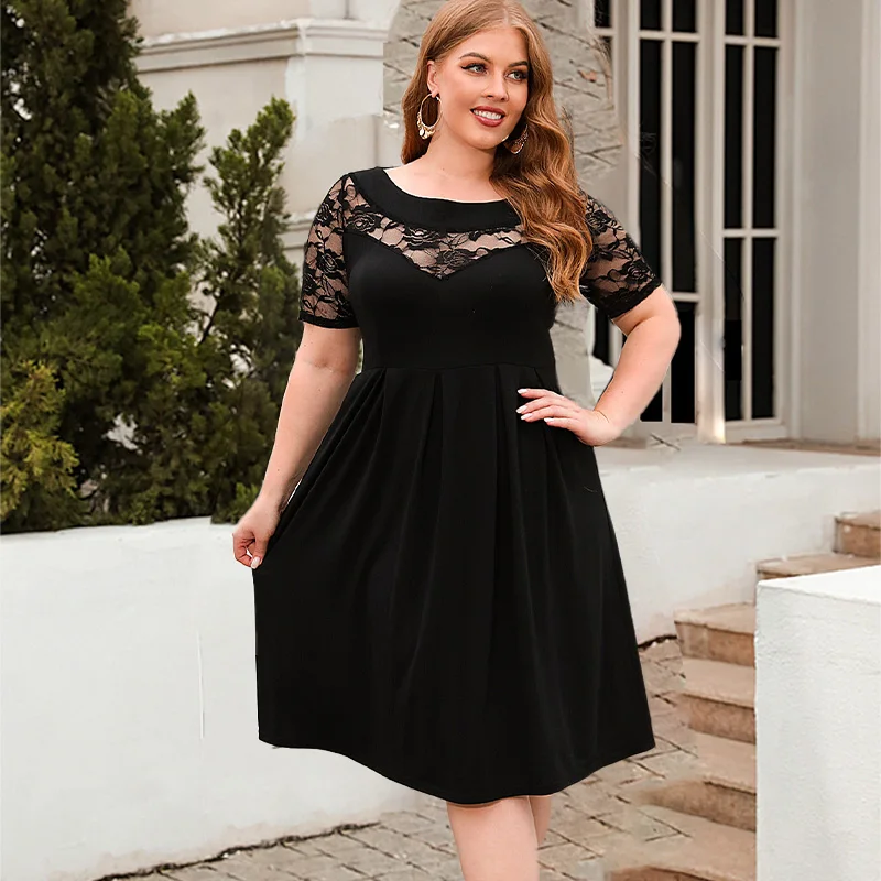 Plus Size w stylu casual, czarny sukienka koronkowa łączona wycięcie pod szyją krótki rękaw z wysokim stanem marszczona modna elegancka damskie