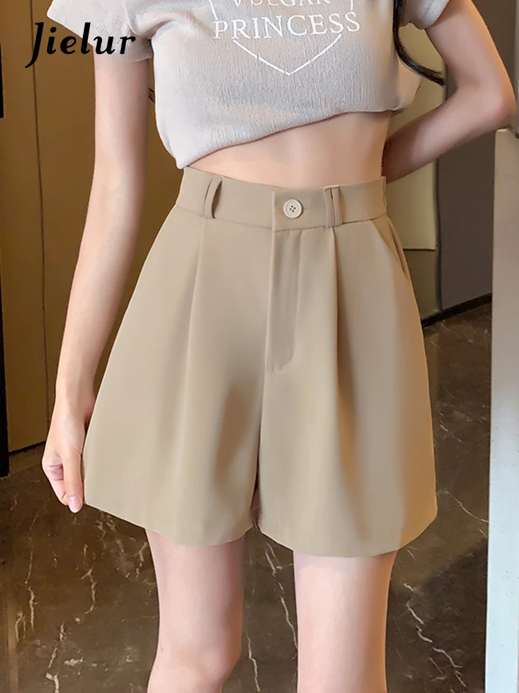 

Jielur Elastic Waist Korean Shorts Women Fashion Thin Suit Wide Leg Shorts Pure Color Black Khaki Casual Shorts Female S-4XL