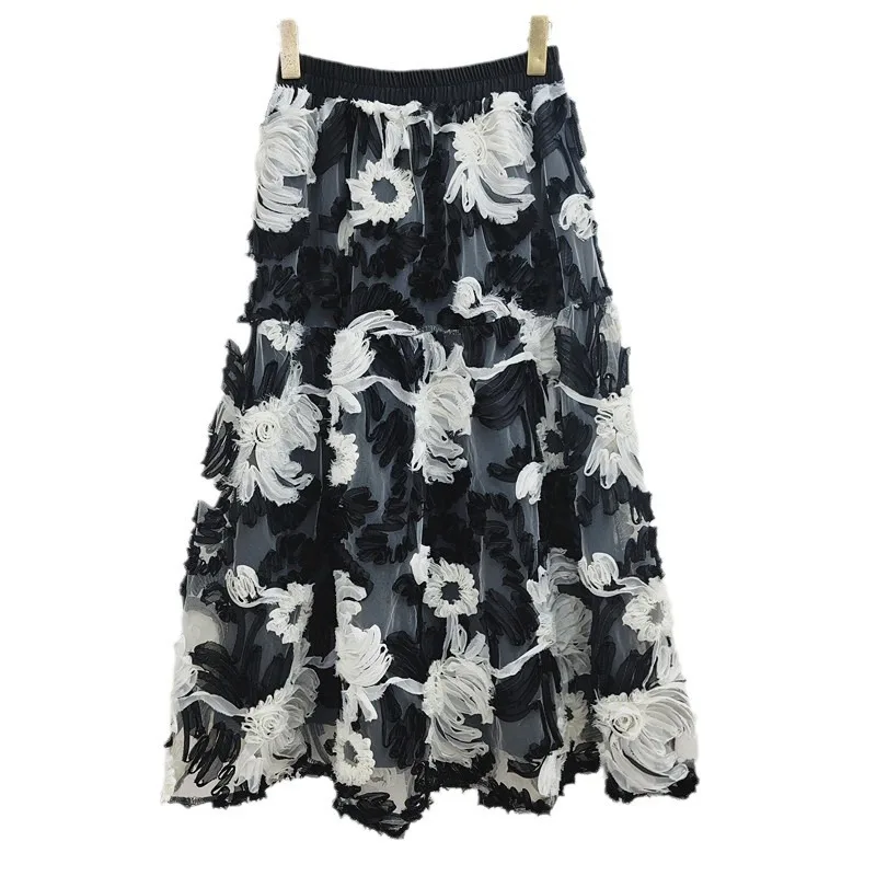 HKSH Primavera Estate Nuove Donne Marea Office Lady Ins Scuro Floreale Ricamato Elastico in Vita Versatile Chic Mezza Lunghezza Gonna HK5089