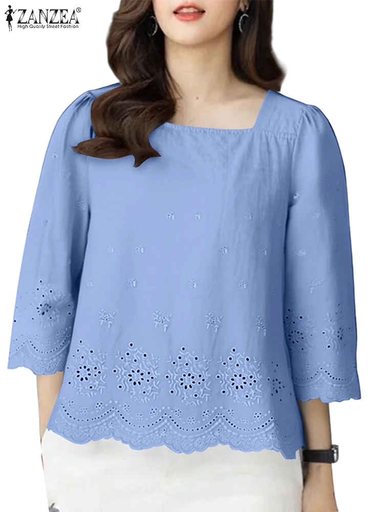 

Bohemain Lace Crochet Holiday Shirts 2025 ZANZEA Summer Women Tops Elegant Square Neck 3/4 Sleeve Work Blouse Casual Loose Blusa