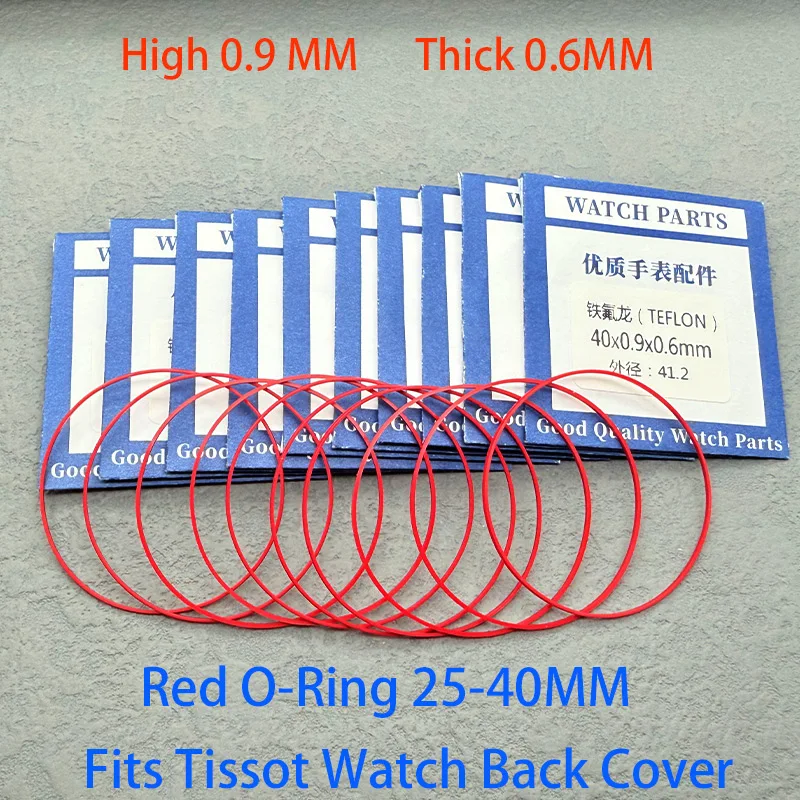 Red Watch Back Waterproof O-Ring Thick 0.6mm Height 0.9mm Dia 25-40mm T013 T024 Watch Case Back Cover Gasket Sealing Ring Parts