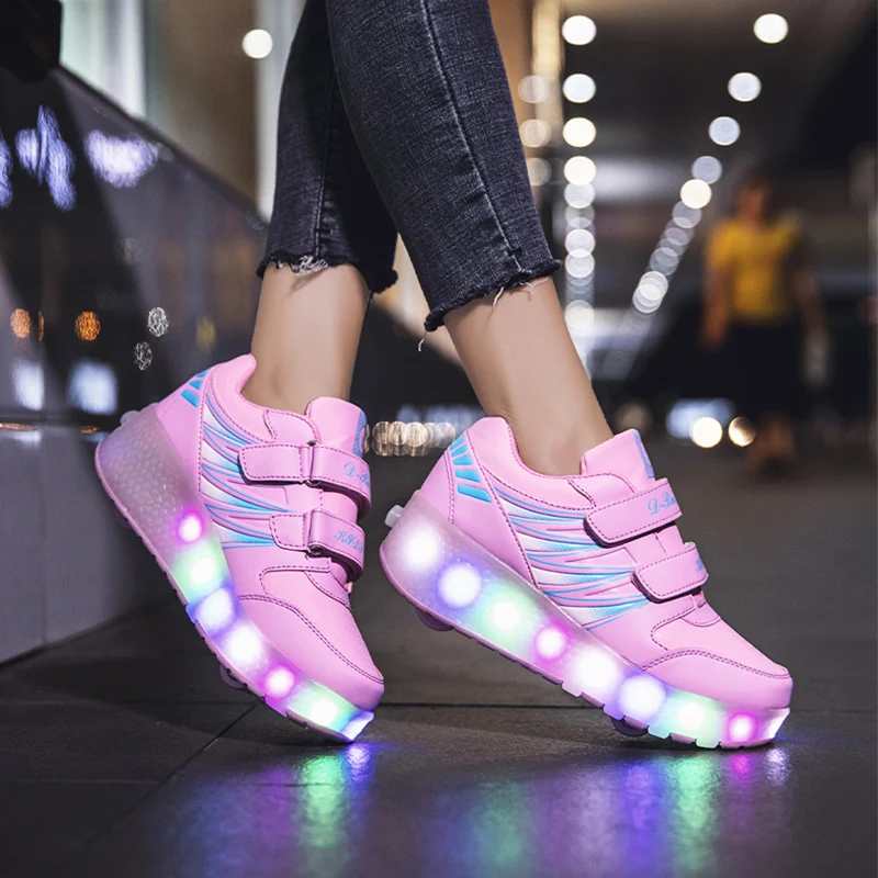 Jongens En Meisjes Rolschaatsen Slepen Wielen Schoenen Gloeiende Licht Led Kinderen Mode Lichtgevende Sport Casual Wheelys Schaatsen Sneakers