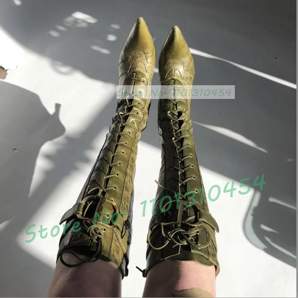 Zielony Leopard Splicing Knee High Boots Sexy Ladies Cross Tied Point Toe High Heels Boots Women Metal Buckle Decor Big Size Shoes