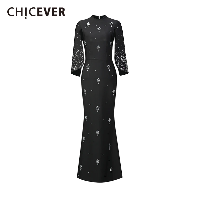 

CHICEVER Black Spliced Diamonds Dress Female O Neck Half Sleeve Slimming French Intellectual Women's Dresses Summer Fashion New