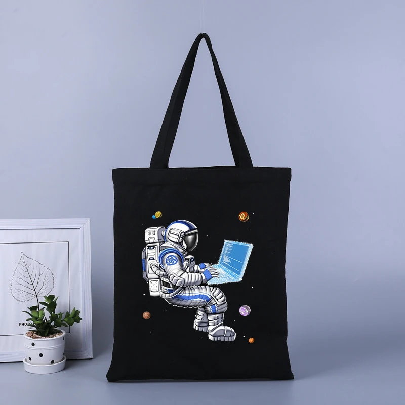 Space astronaut printed canvas shopping bag large capacity handbag tote bag student school bag