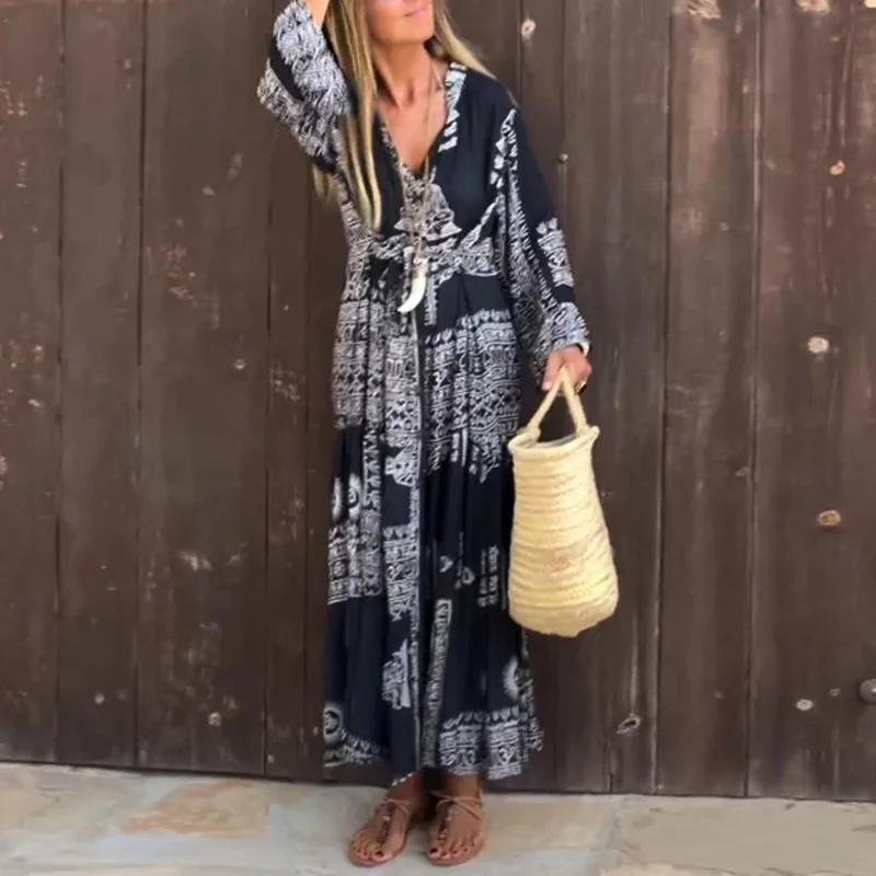 Woman V Neck Single Breasted Loose Boho Dress Spring Pattern Print Ethnic Vintage Dress Autumn Long Sleeve Belted Vacation Dress