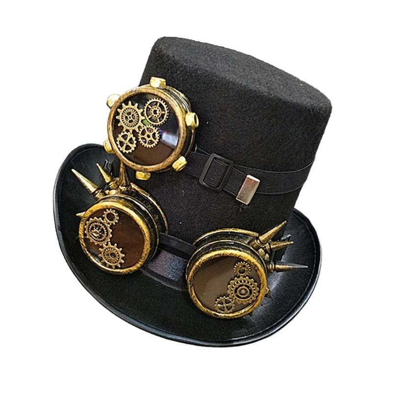 S1Y1 Vintage Gear Hat Steampunk Top Hat Cosplay Hat with Goggles Party Supply Costume