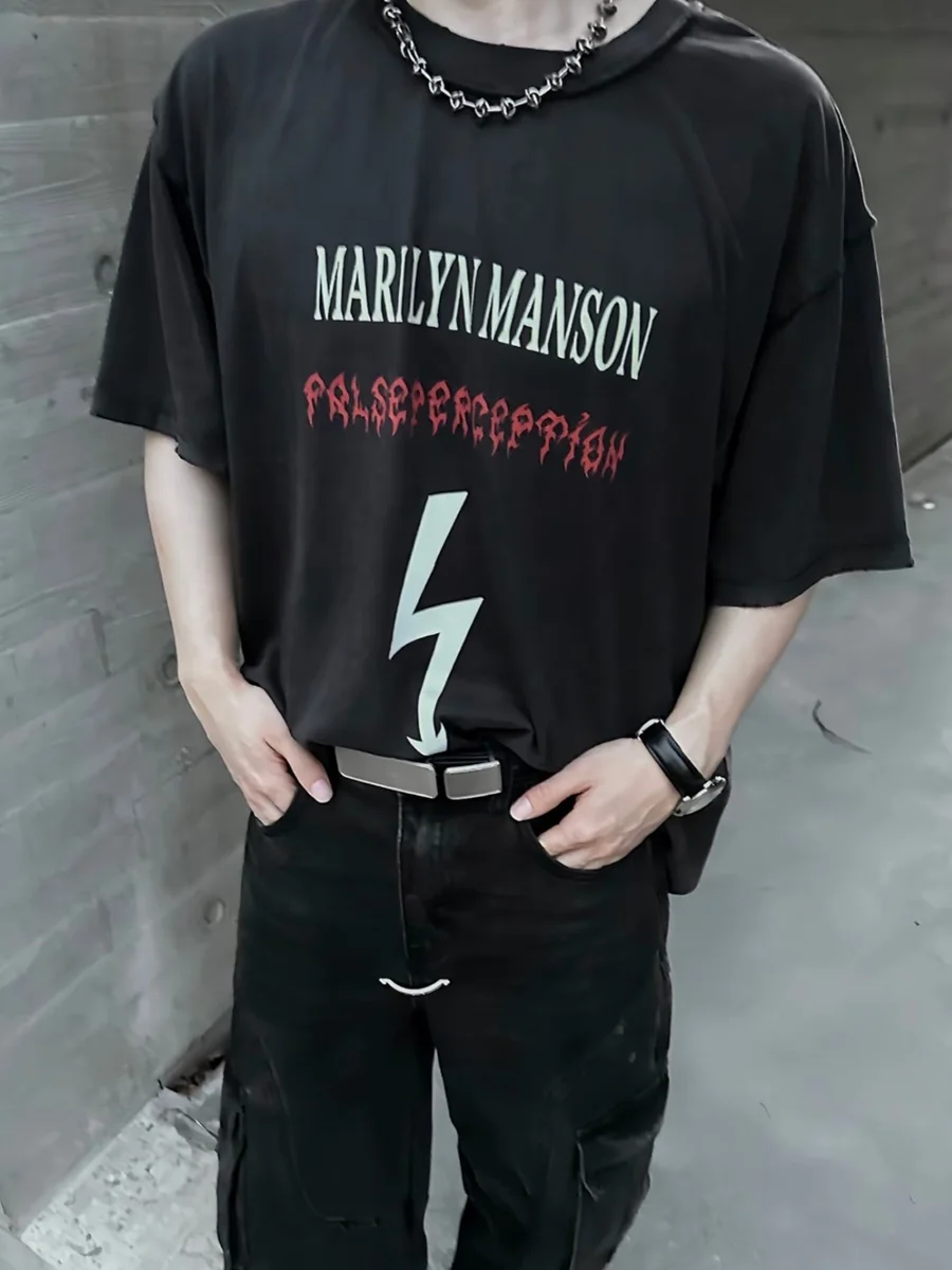 Washed American Style Men's T-Shirt Loose Fit Short Sleeve Vintage High Street Lightning Print Breathable Cotton Casual Tee