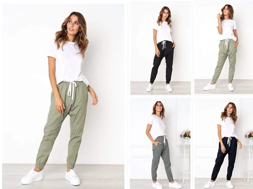 

Women's Casual Elastic Waist Trousers Nine Points Long Straight Leg Workwear Pants mid Waist Other Sle Other Scene