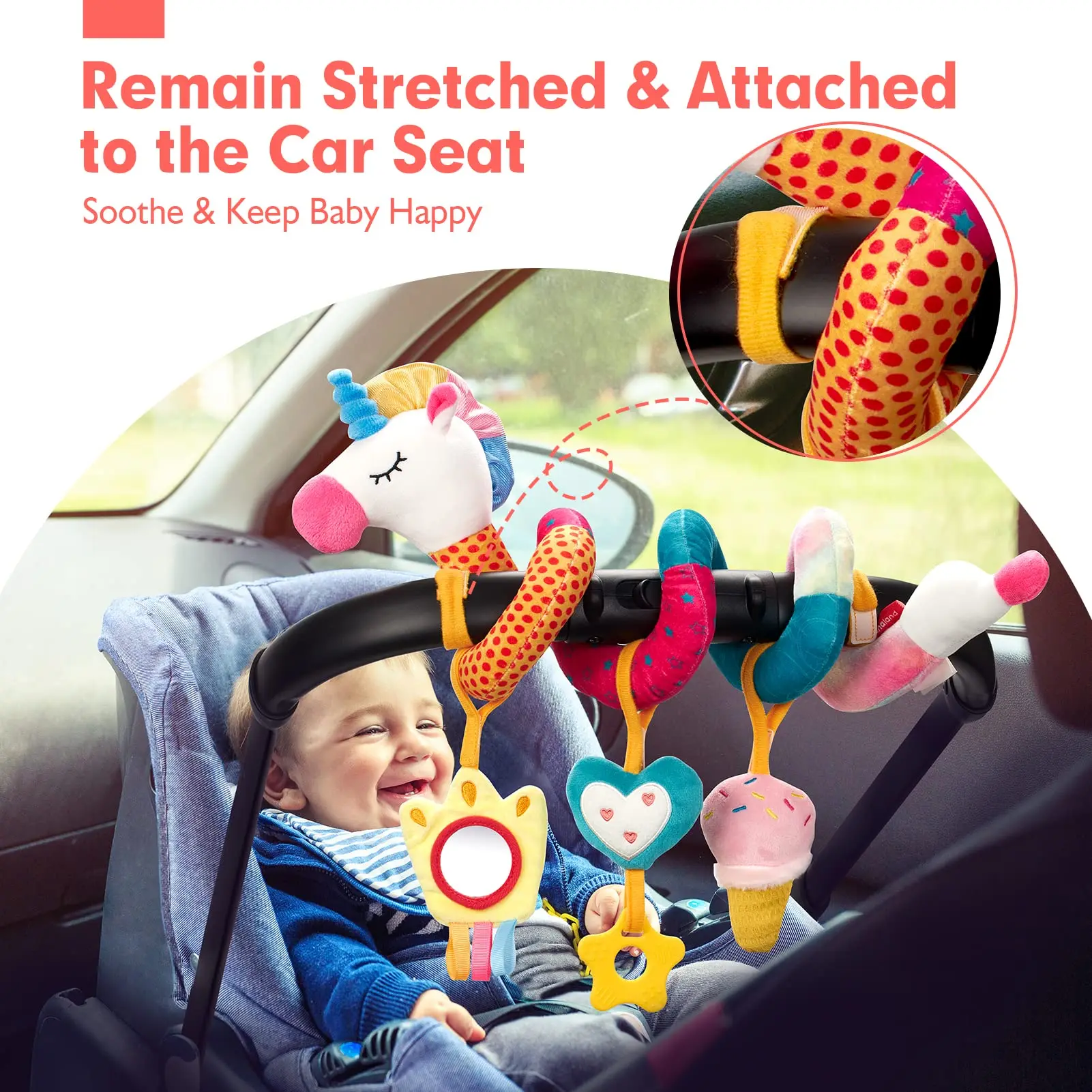 Einhorn Autositz Spielzeug für Babys Rassel Spiegel Quietschender Autositz Kinderwagen Spielzeug 0-6 Monate Entwicklungs Neugeborenes Baby Mädchen Geschenke