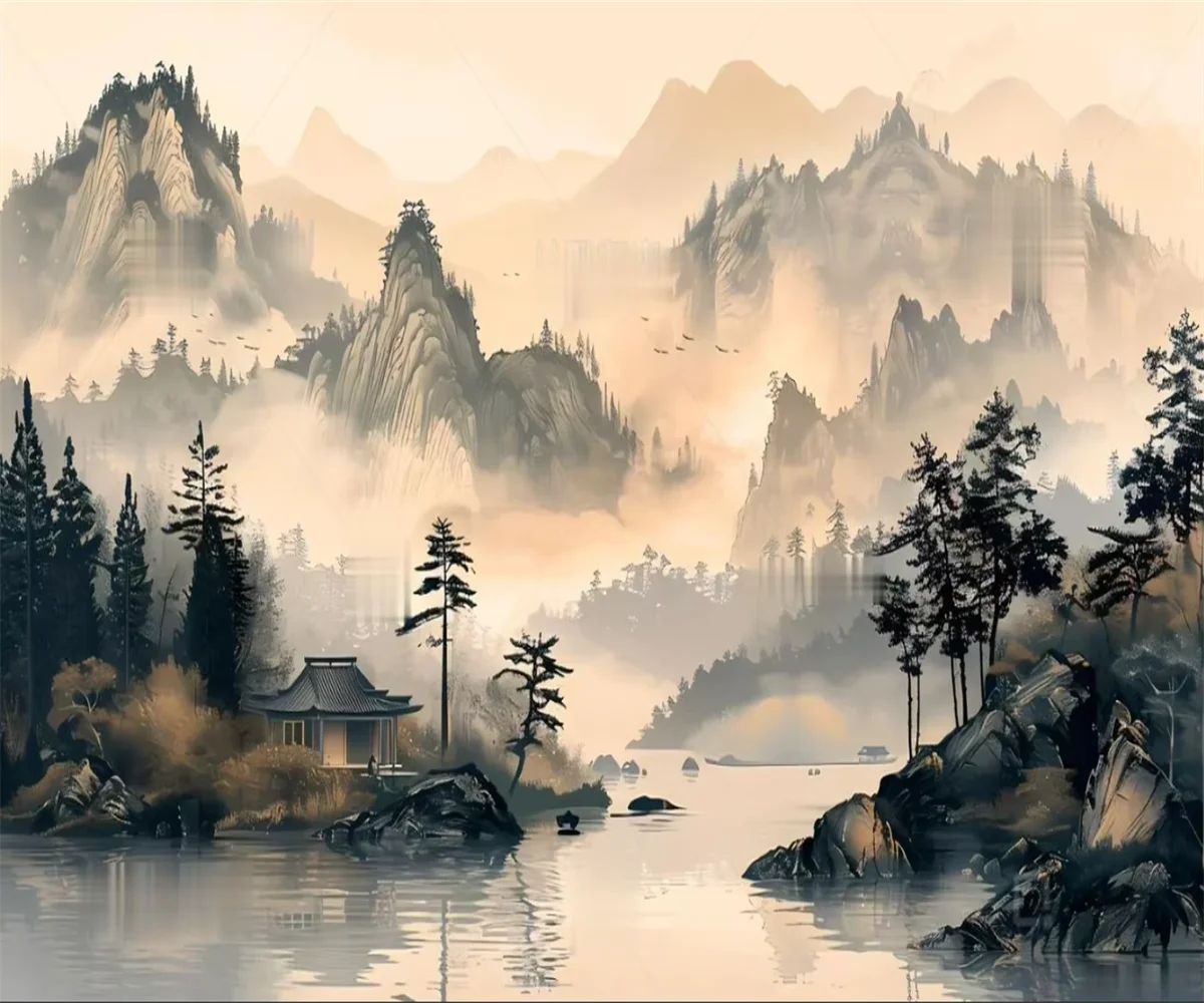 Customized Size 3d Wallpaper Chinese Style Abstract Ink Painting Landscape Mural Home Decoration Mountain Pavilion Tapestry