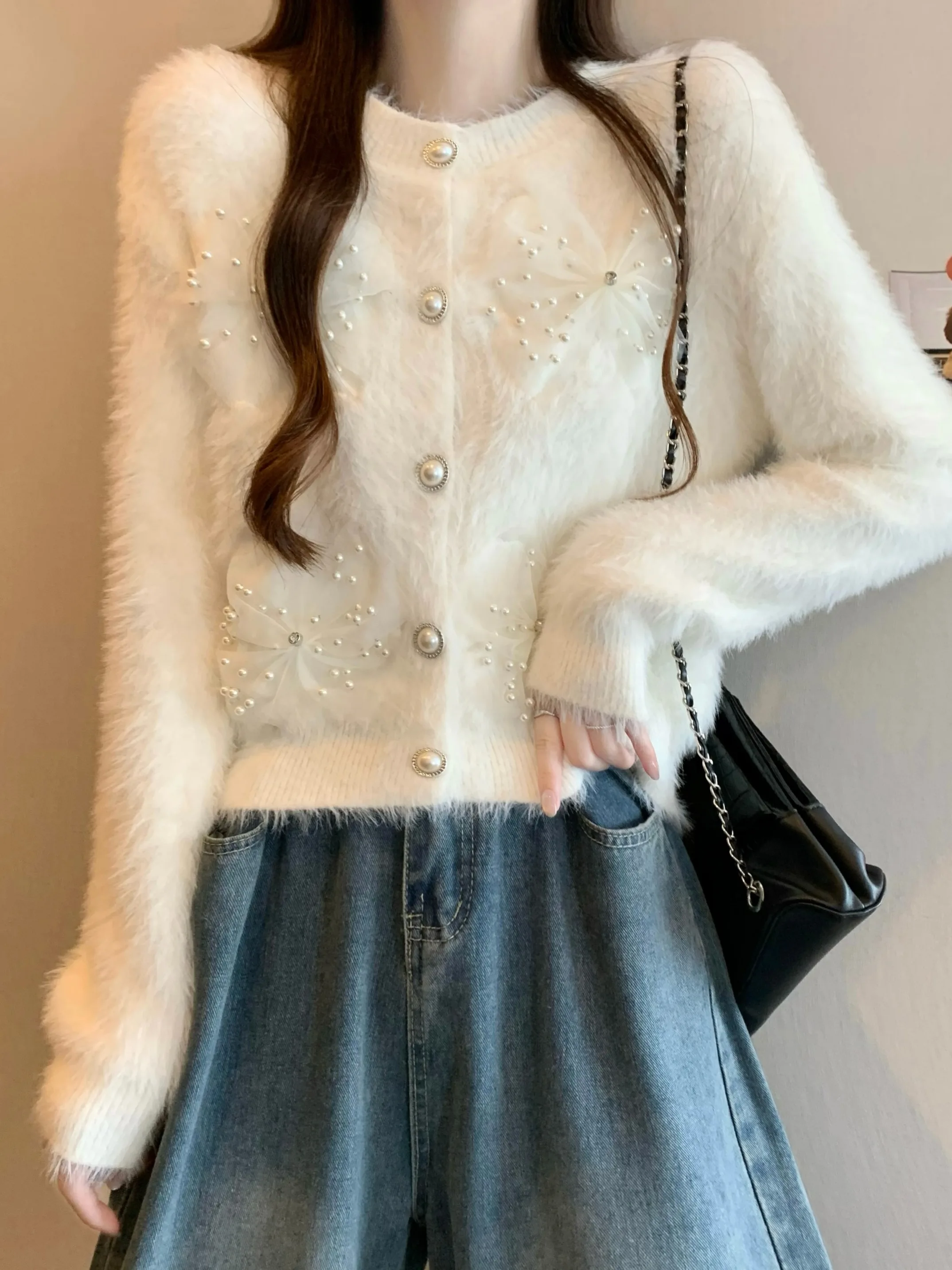 

Мягкий вязаный свитер из искусственной норки Long Sve Slim Fit, женский модный зимний новый повседневный вязаный топ с круглым вырезом