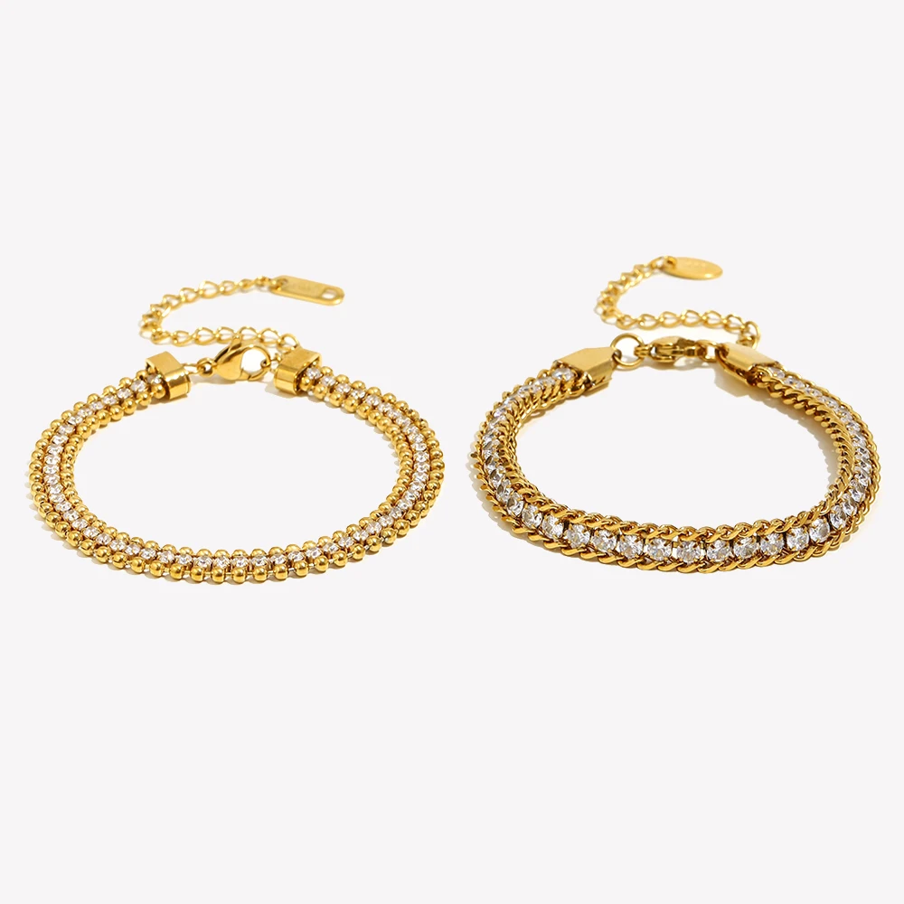 E.B.belle Three Layer Round Bead Woven Zircon Bracelet Hypoallergenic Stainless Steel Accessories 18K Gold Plated Jewelry