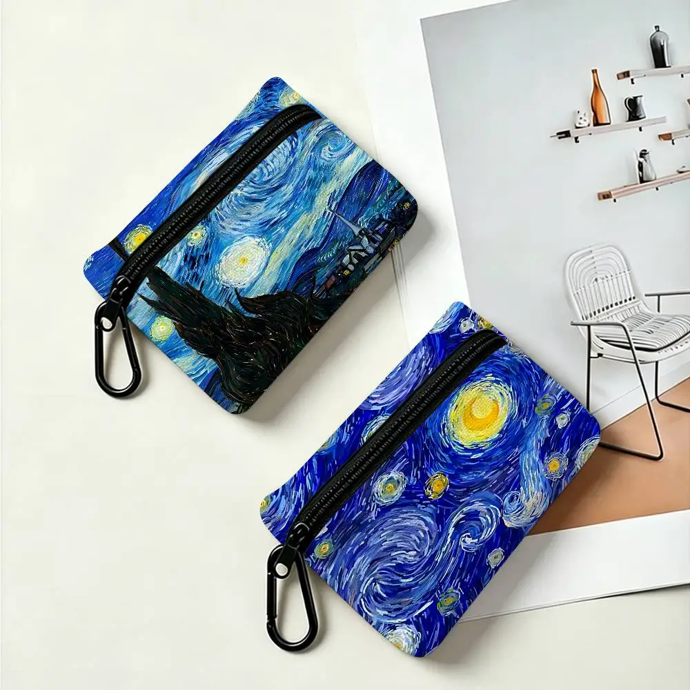 Van Gogh Oil Paintings Oxford Fabric Mini Coin Wallet Smooth Zipper Hanging Design Multi-use Small Storage Bag For Travel