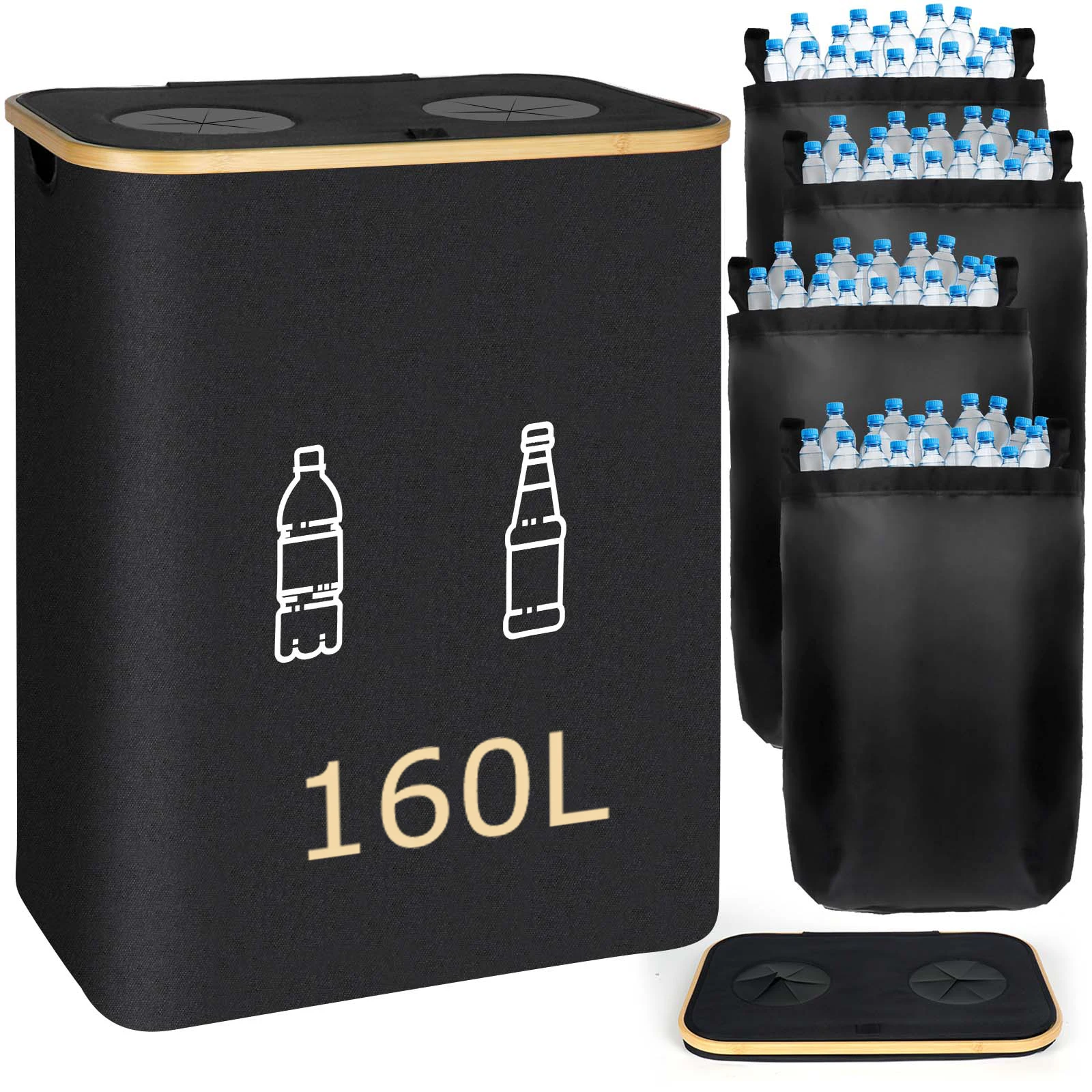 Panier de rangement pour bouteilles et canettes de grande capacité 160L, sac de collecte de bouteilles recyclables, 4 sacs intérieurs détachables pour l'intérieur et l'extérieur