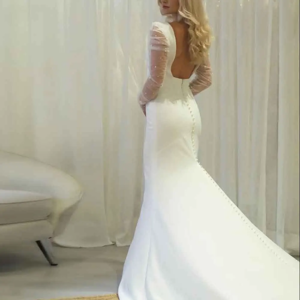 Customized Pears Mesh Sleeve Wedding Dress Square Neck Backless Bride Gown Satin Sweep Train vestidos de novial