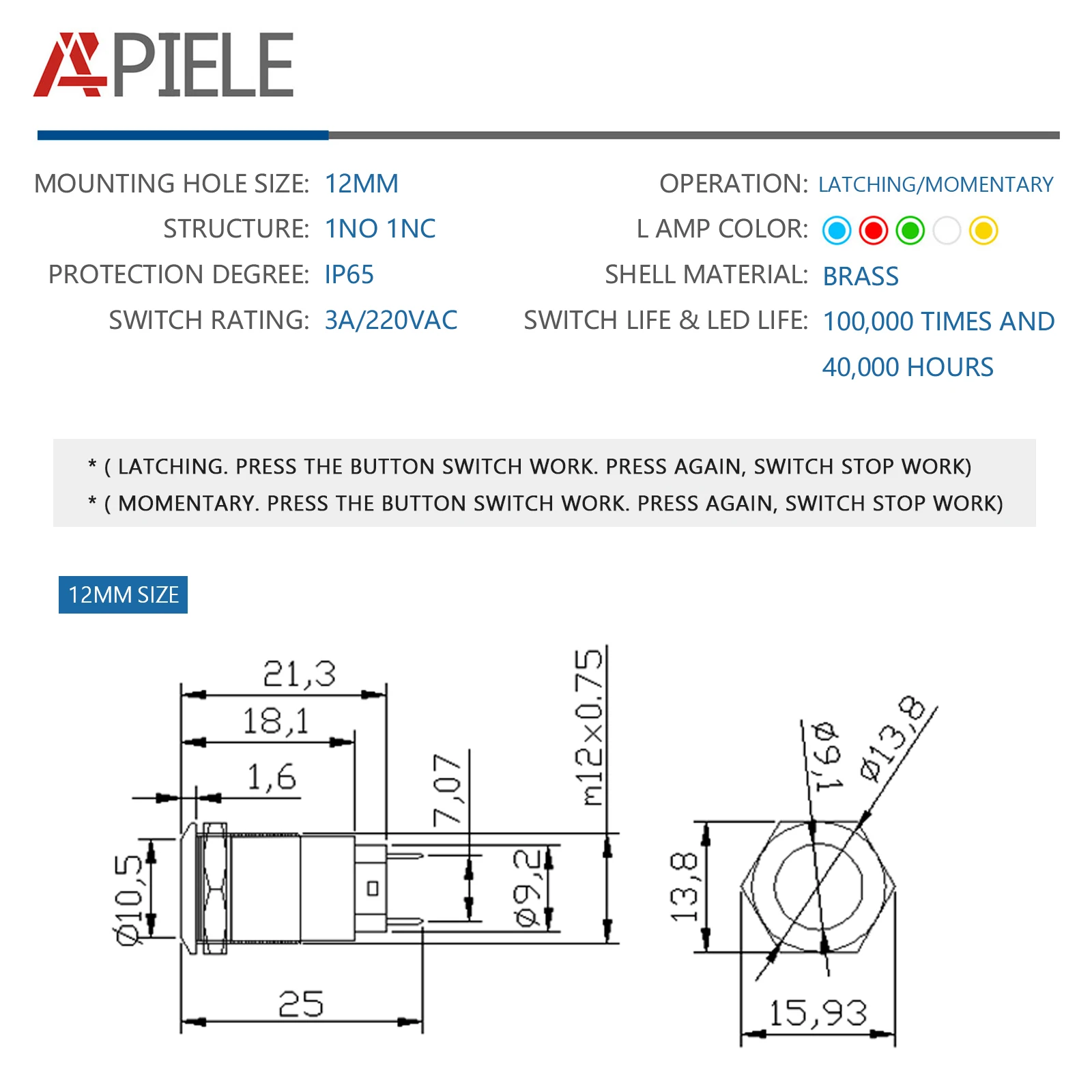 APIELE 5PCS 12mm Push Button Switch Metal Waterproof Latching/Momentary LED Light Car Engine Power Switch Blue Red