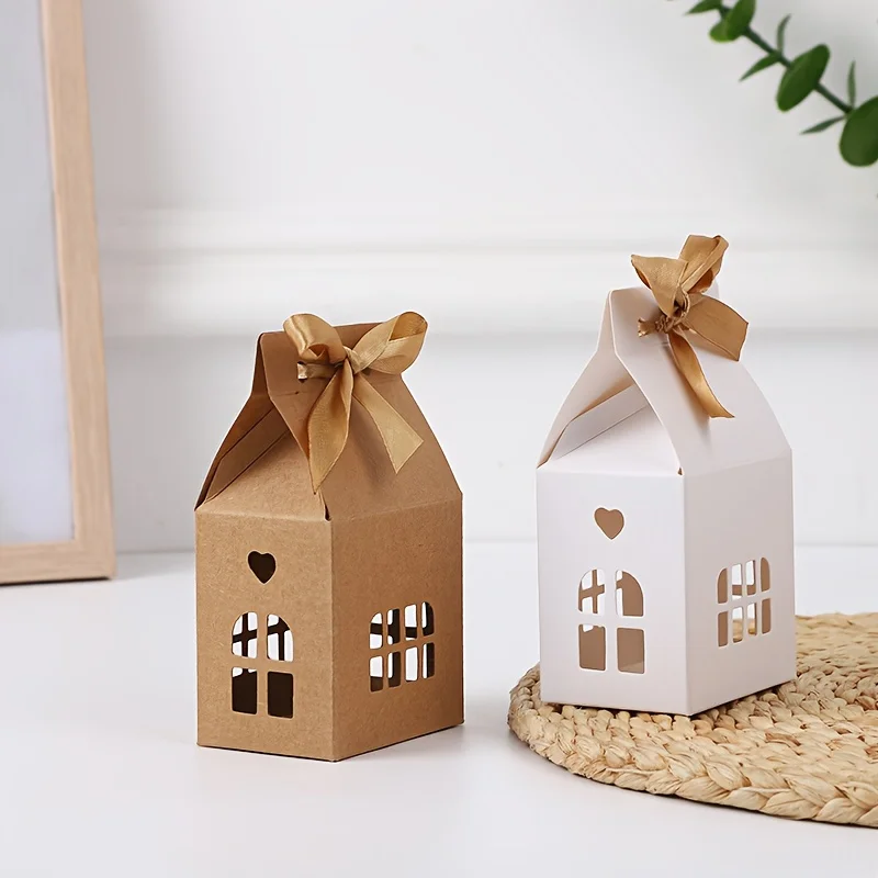 12 Stück hausförmige Geschenkboxen mit Band, 6,99 cm x 4,98 cm x 12,29 cm, weißes und braunes Design, Feiertagsparty-Dekorationen, Süßigkeitenverpackung