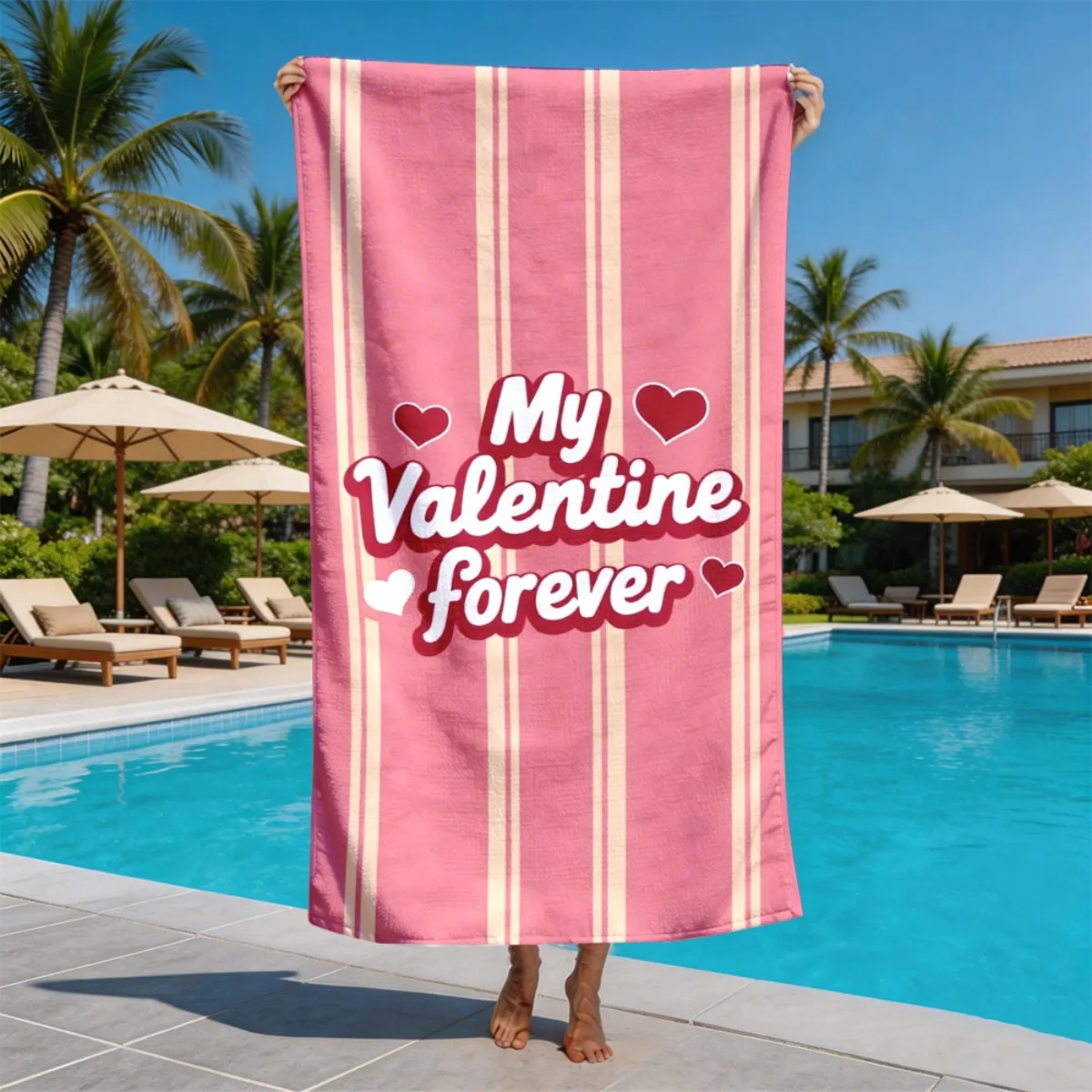 Vertical striped heart style polyester microfiber beach towel is highly absorbent, suitable for swimming and beach outings