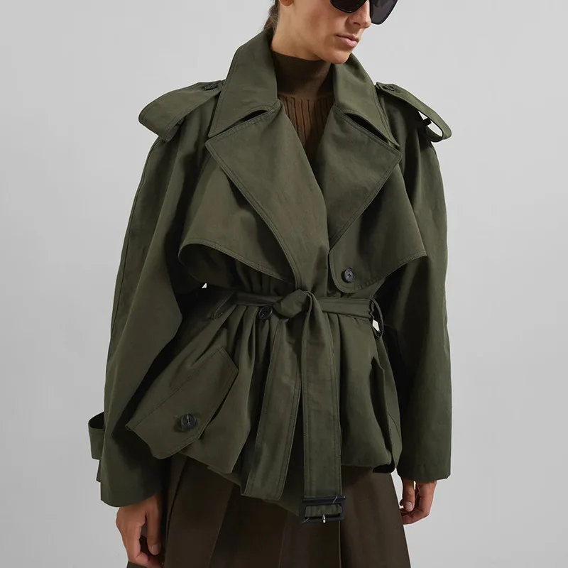 Belt Spliced Epaulet Loose Jacket for Women Lapel Collar Long Sleeve Patchwork Button Casual Jackets Female Fashion Trench