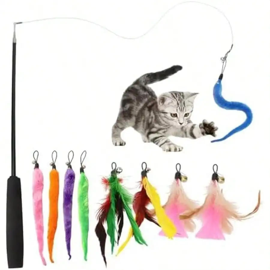 

Hypeety Cat Toys For Indoor Cats Interactive Retractable Fishing Pole Wand With Refills Feathers Cat Teaser Wand With Feathers Cute And Funny Cat Toy Wand For Playtime Chase And Exercise 10PCS