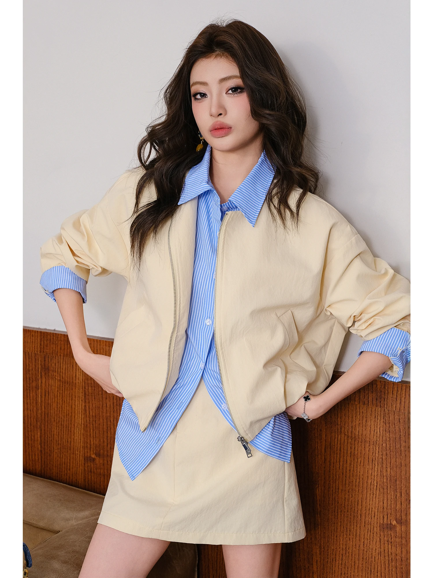 

MIUCO Workwear Style Jacket And Skirt Set Women's Early Spring Fashion Ensemble False Two-Piece Patchwork Long Sleeve