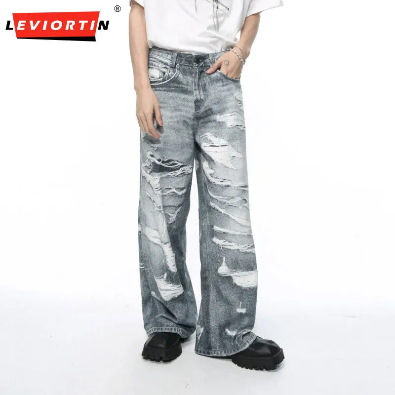 

2024 spring new men's clothing retro vintage distressed niche heavy industry damaged design sense loose straight leg denim pants