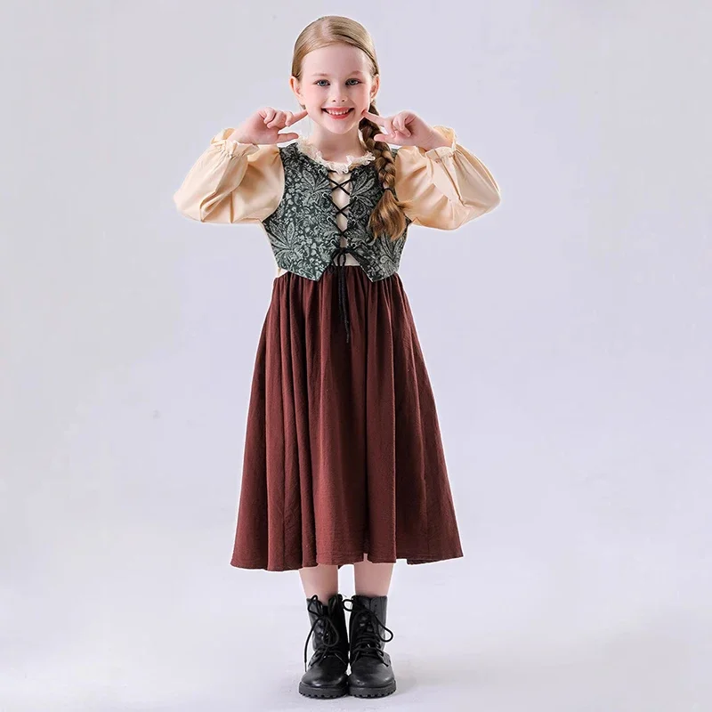 Gaun Pembantu Pertanian Set Oktoberfest Lengan Panjang Anak Laki-laki Gaun Kostum Cosplay Halloween Seragam Anak Perempuan Pertandingan Kecil Sipil