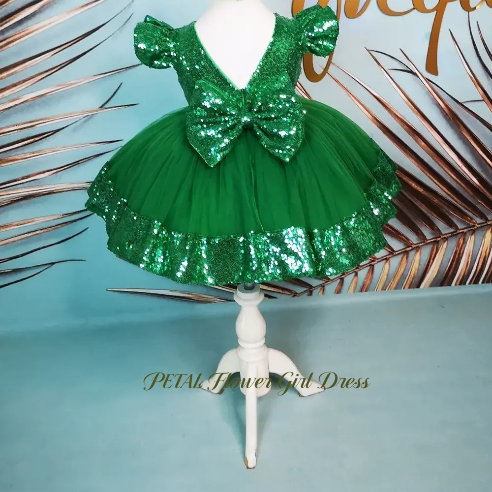 

Petal Flower Girl Dress with Ruffle Sleeve Fluffy Princess Girls Dress with Sequins A Line Shiny Kids Birthday Dress Customized