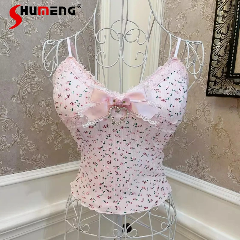 

Kawaii Slings Fresh And Sweet Forest Style Floral V-Neck Bow Lace Trim Slimming Short Top With Chest Pads Camisole Y2k Clothes