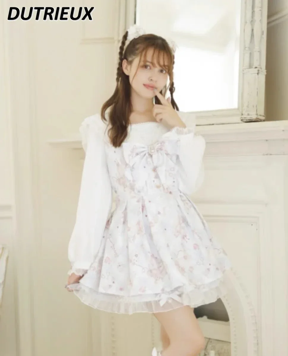 Japanese Mine Sweet Navy Collar Waist Dress Autumn New Bow Cartoon Print Long-sleeved Dresses and Leggings Shorts Two Piece Sets