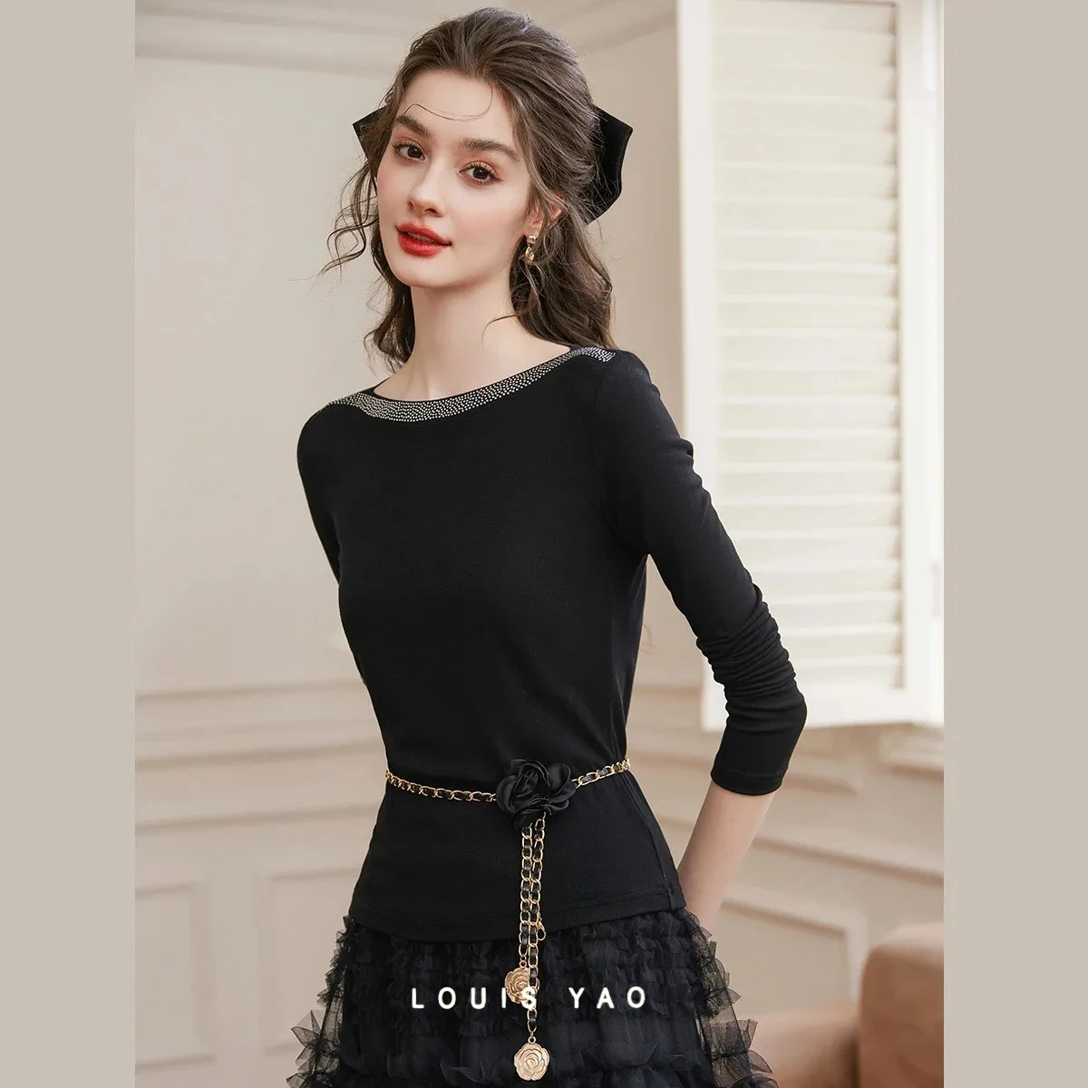 LOUIS YAO Women's T-Shirt 2026 Spring Women Knitted Stretchable Elegant Pullover Basic Top Shiny Long Sleeve T-Shirt