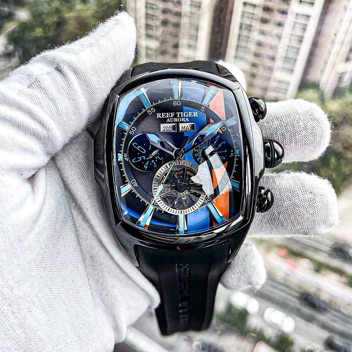 Reef Tiger Men Automatic Watch 47mm Tonneau Mechanical Wristwatch Luminous Multi-Dial Year Month Week Date Flywheel