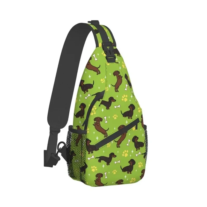 Green Dachshunds Teckel Pattern Sling Chest Crossbody Bag Men Fashion Dackel Sausage Dog Shoulder Backpack for Camping Biking