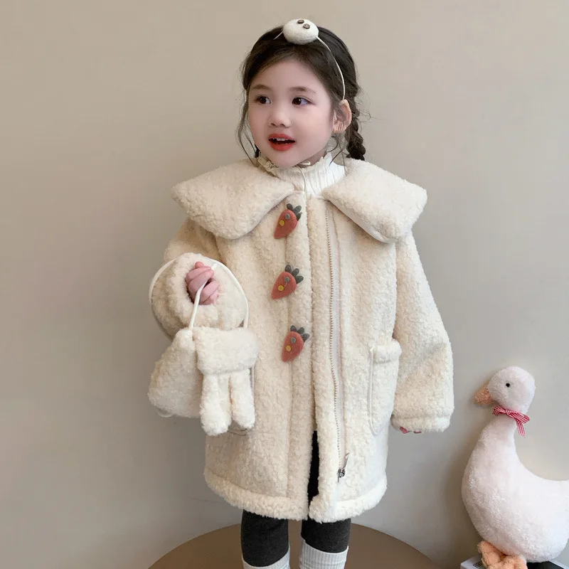 Girls Fleece Thick Coat Children 2024 New Autumn Winter Fashion Simple Casual Wool Coat Korean Simple Style Warm Coat Clothes