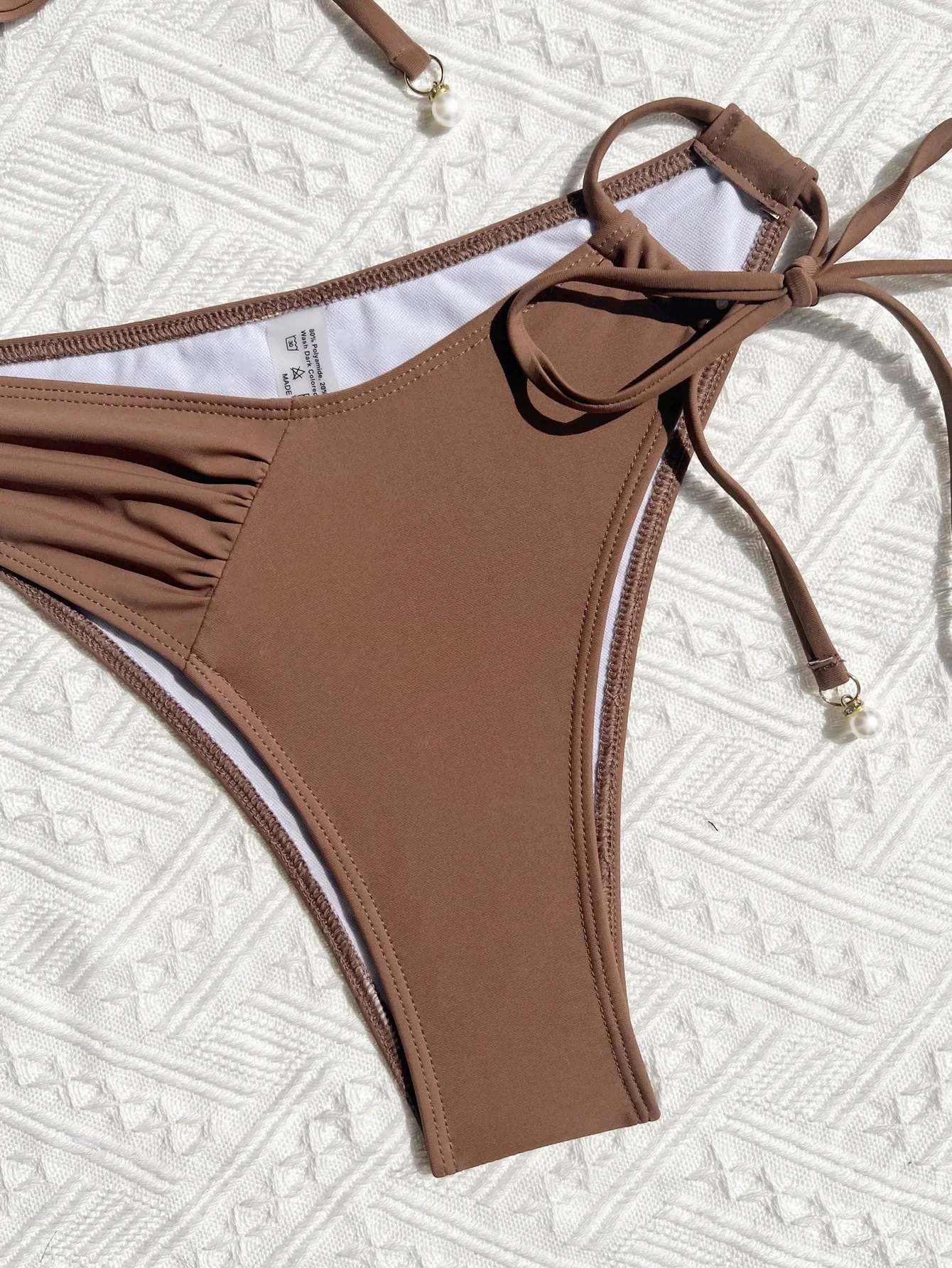 Costume da bagno 2 pezzi caffè per donna, bikini sexy scavato rugoso, tinta unita, costume da bagno a vita alta senza schienale con bretelle, 2024
