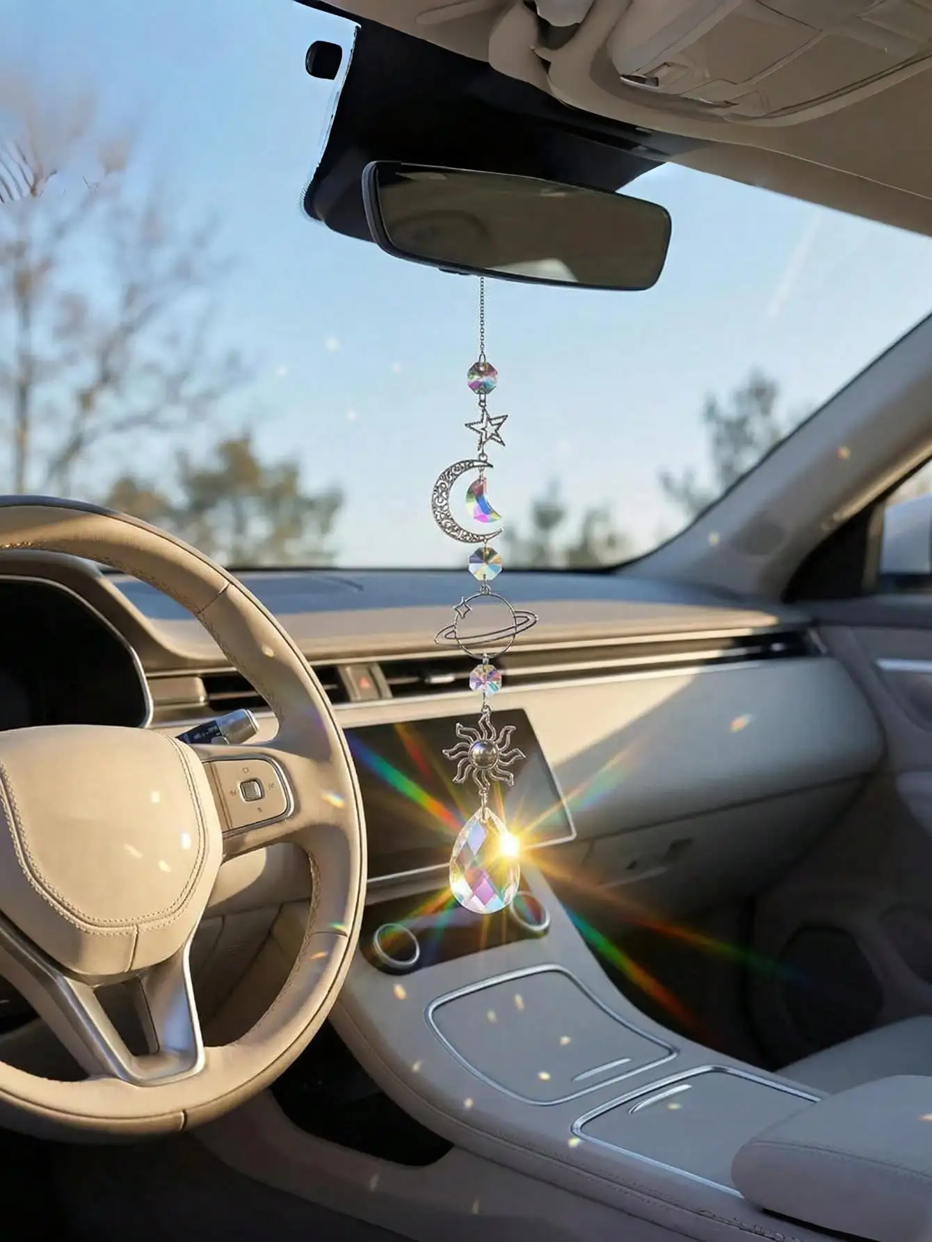 1-Piece Crystal Car Ornament | Moon-Sun Pendants, Rainbow Prism, Sparkling Wind Chime for Rearview