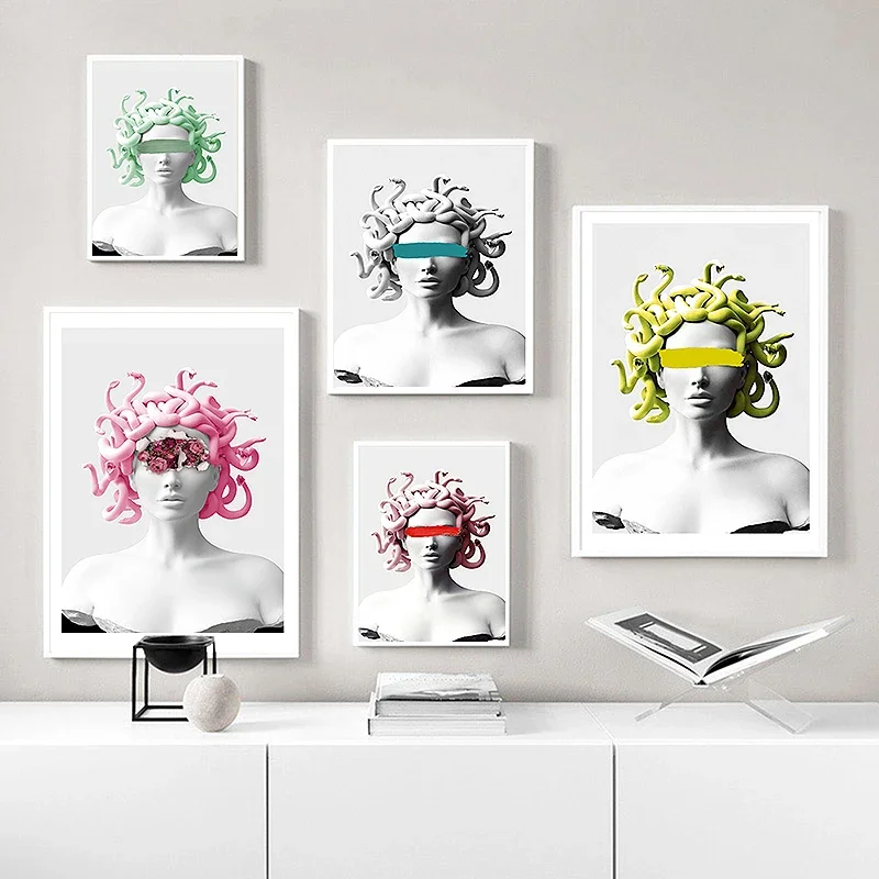 Modern Abstract Wall Art Sculpture Medusa Colorful Snakehead Female HD Canvas Poster Prints Home Bedroom Living Room Decoration