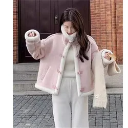 Academy Style Fashion Autumnd Lamb Fur Jacket for Women's Winter 2024 Spring Loose Thickened Deer Skin Velvet Fur Coats Pink Top