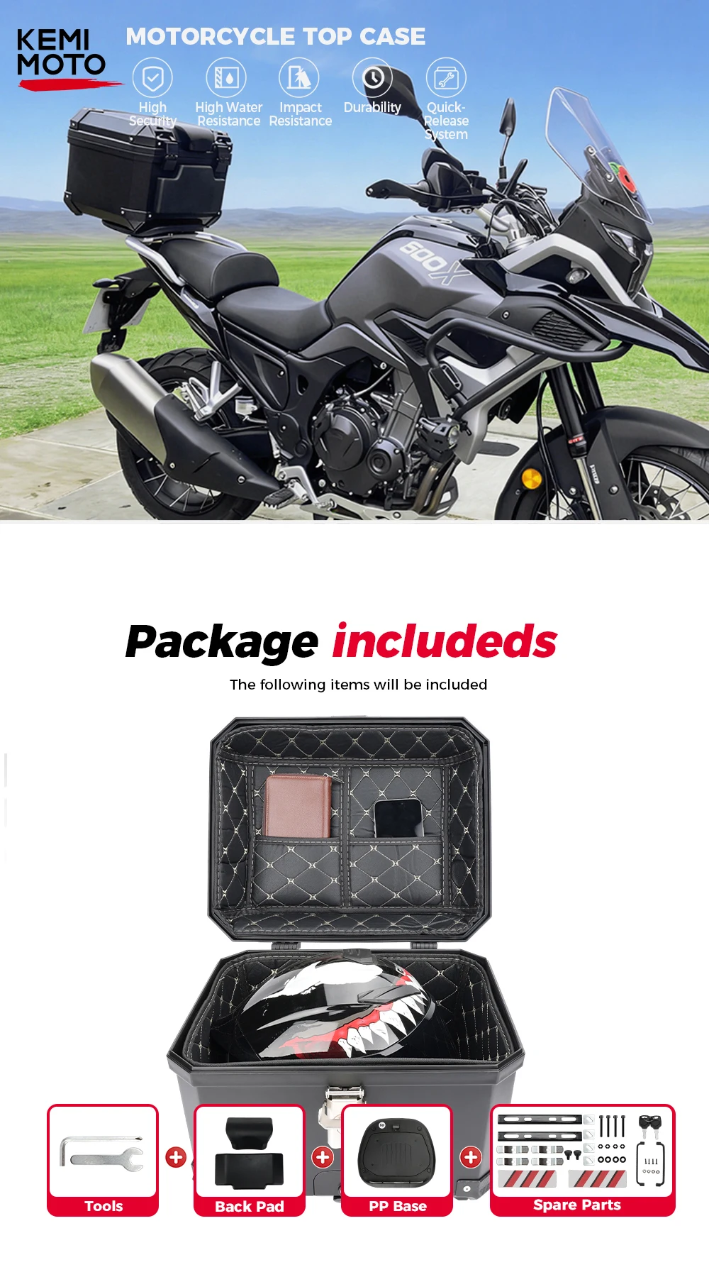 KEMIMOTO 45L/65L Motorrad-Topcase Universeller ABS-Kunststoff-Koffer Motorrad-Heckbox für Motorräder Abnehmbarer Koffer mit Schloss – Detail 1