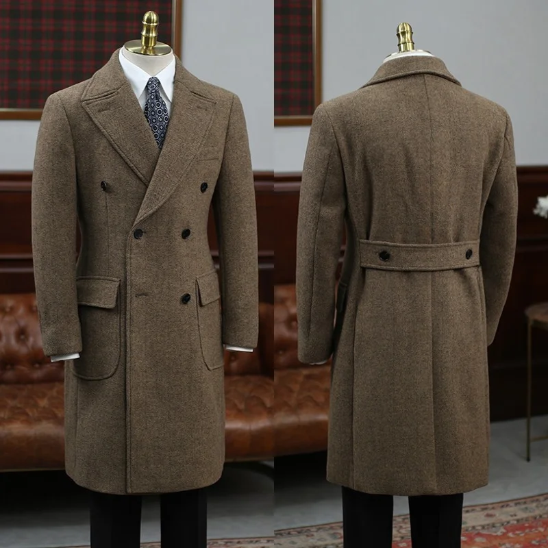 

Wool blend Thick Men's Autumn Winter Coat Italian retro herringbone Man Long Suit Jacket Men's long Blazer